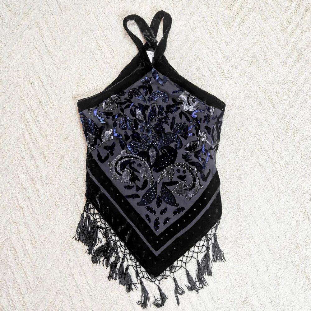 Y2K Black Silk Velvet Beaded Fairygoth Halter Top